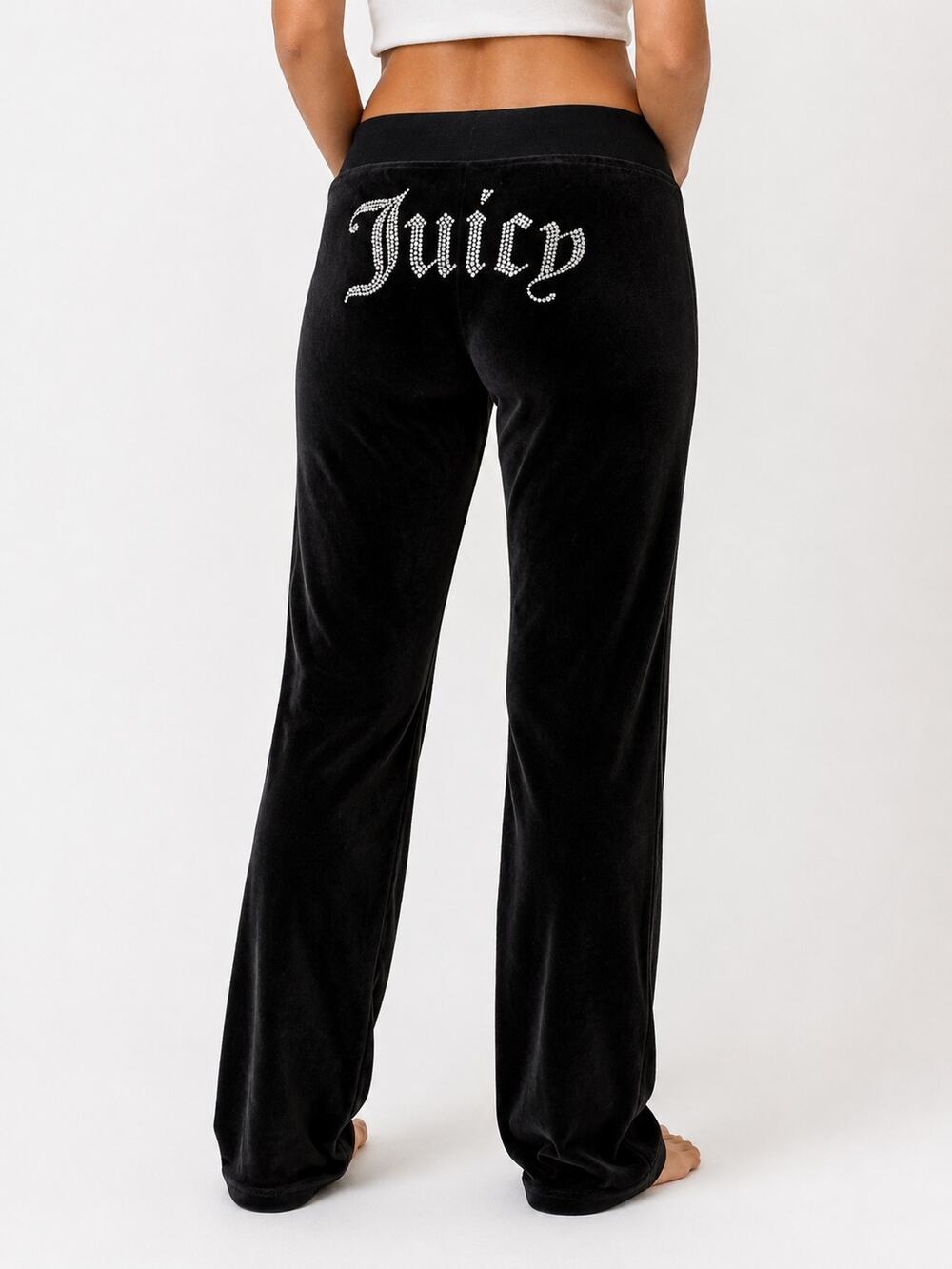 Juicy Couture Black Velour Rhinestone Logo Track Pants Size Large Y2K Vintage